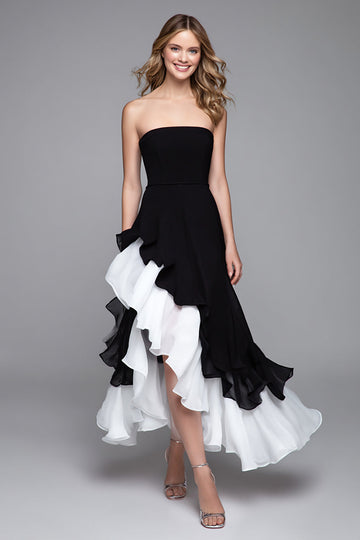 Black and White A Line Ruffled Strapless Long Formal Dress with Slit